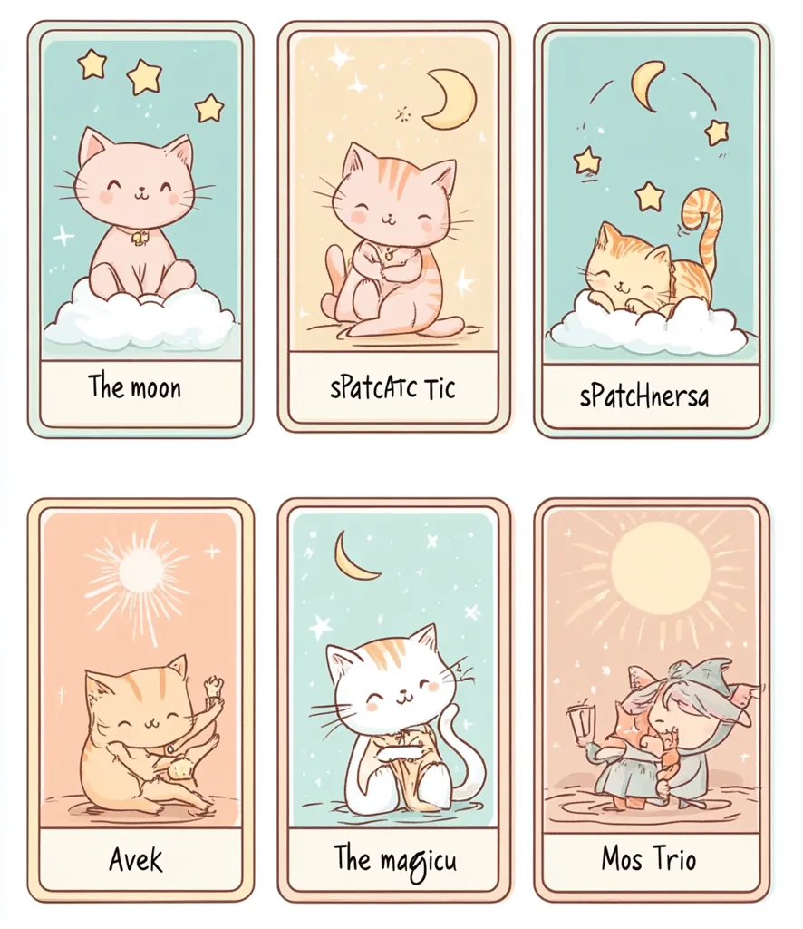 Six illustrated cards featuring cute cartoon cats in different poses. Each card has a different background color and celestial image, such as the moon, stars, and sun. The cards have whimsical names like "The moon," "SpatcatcTic," and "Mos Trio." The image is likely part of a larger set or game.