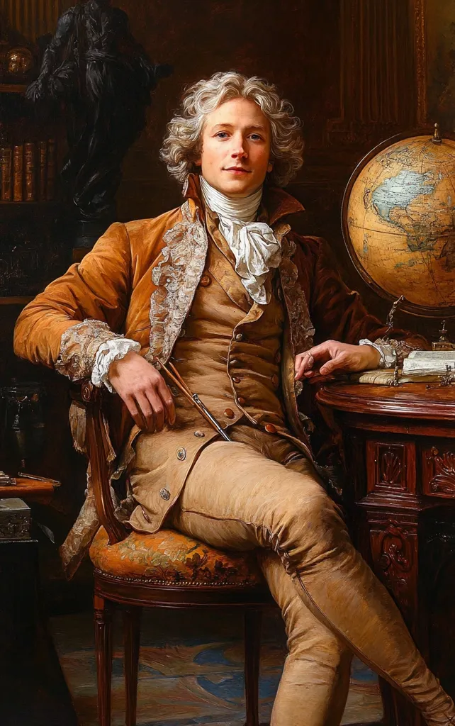 A young man with long blond hair sits in a chair, wearing a brown and gold jacket with lace trim and white cravat. He rests his hand on a mahogany table, holding a thin gold stick.  Behind him is a globe, suggesting his interest in geography or exploration. The painting has a rich, painterly quality with a warm color palette.