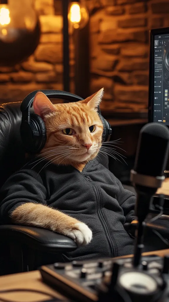 A ginger cat wearing headphones and a black hoodie sits in a black leather office chair in a dimly lit room. A microphone is positioned in front of the cat, and a computer monitor and audio mixer are in the background. The cat has a serious expression on its face. The warm light of the lamps creates a cozy atmosphere.  The overall image suggests a humorous and whimsical take on a typical recording studio scene.