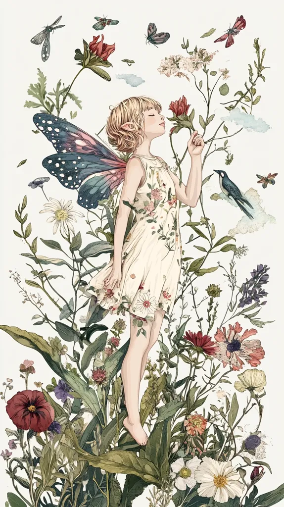 A delicate fairy with butterfly wings stands amidst a vibrant garden, her floral dress blending seamlessly with the surrounding blooms. A small bird perches on a nearby branch, adding to the enchanting atmosphere. The artwork captures the beauty and wonder of nature, showcasing a magical world filled with ethereal creatures and blooming flowers. The soft colors and intricate details create a sense of serenity and whimsy.