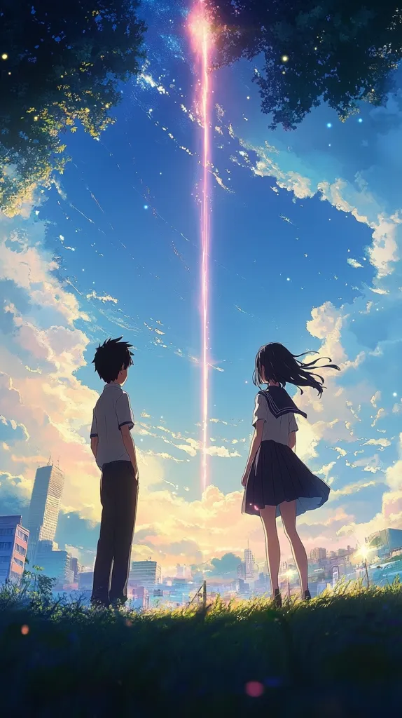 The image depicts two anime characters, a boy and a girl, standing in front of a cityscape under a bright blue sky. A pink beam of light shoots up into the sky, reaching towards a cloud of stars. The characters stand facing away from each other, their backs to the viewer. The boy is wearing a white shirt and black pants, while the girl is dressed in a dark blue sailor uniform with a skirt. A tall building can be seen in the background, suggesting an urban setting. The overall mood is one of nostalgia and contemplation.