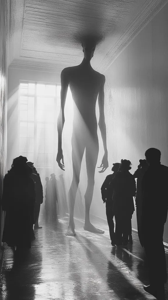 A tall, slender figure stands in the center of a room, bathed in light streaming from a large window. It is silhouetted against the light, its long limbs and elongated body casting long shadows on the floor. The figure is surrounded by a group of people, their forms obscured by darkness, looking up at it with a mixture of awe and trepidation. The scene is captured in a black and white photograph, lending an air of mystery and otherworldliness.