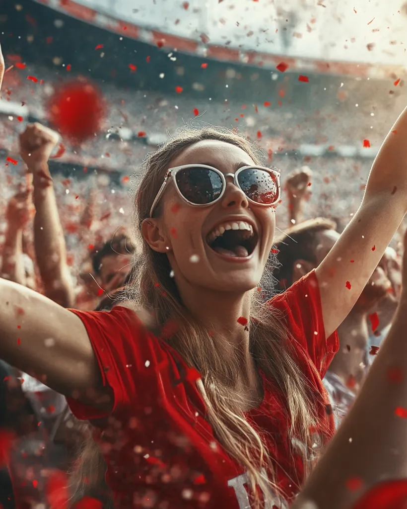 A young woman with long blonde hair and sunglasses is cheering in a stadium full of people. She is wearing a red t-shirt and has her arms raised in the air. Red confetti falls from the sky, and she is smiling with her mouth wide open. The stadium is packed with people, and everyone is excited and happy.  The scene conveys a sense of excitement, celebration, and shared joy.