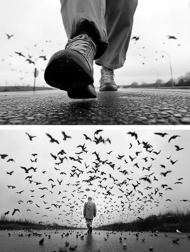 The image is a black and white photo split into two parts. The top shows a person's legs and shoes walking down a street. The bottom shows a man walking towards the camera, surrounded by a large flock of birds flying overhead. The composition creates a sense of perspective and isolation. The image is a powerful visual metaphor for the human journey and the challenges we face.
