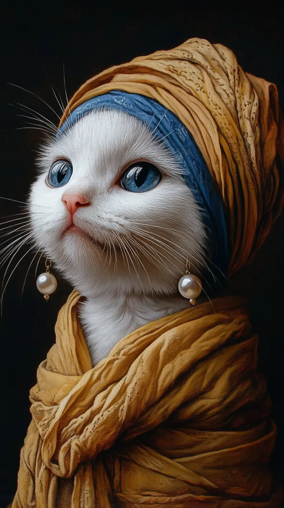 A white cat with piercing blue eyes is wearing a golden turban with a blue scarf and pearl earrings. The cat’s fur is perfectly rendered, and the light shines on its face. The image is a realistic painting inspired by the famous “Girl with a Pearl Earring” by Johannes Vermeer.