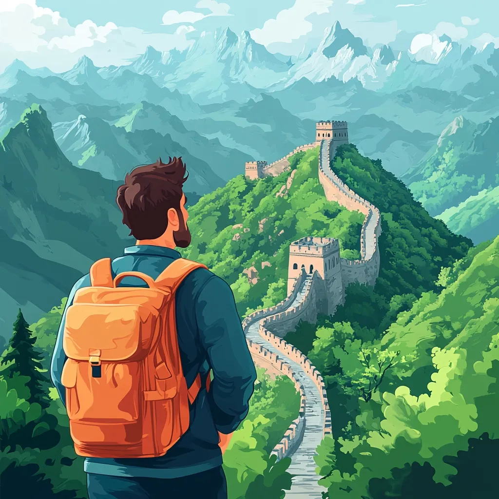 A man with a backpack stands on a mountainside overlooking the Great Wall of China. The wall winds its way up the mountain, disappearing into the distance. In the background, snow-capped mountains rise up against a clear blue sky. The man gazes out at the vast landscape, taking in the beauty of the ancient landmark.