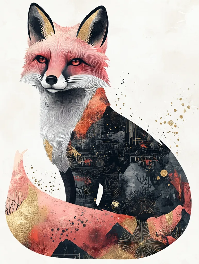 A stylized fox with pink fur sits in a curled position. Its tail is swirled into a shape that evokes a mountain range, with abstract details of gold and black. The fox's eyes are large and intense, reflecting an inner world hidden behind its calm exterior. The image combines realism with abstract elements, creating a dreamlike and mysterious atmosphere.