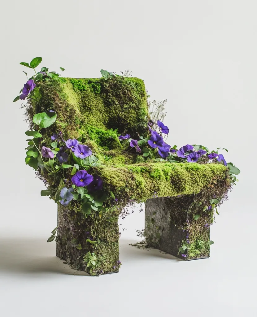 A chair completely covered in moss and blooming purple flowers. It appears to be made of stone and has a simple, rectangular design. The chair is set against a white background, highlighting the vibrant greenery and floral accents. The moss gives the chair a natural, organic feel, while the purple flowers add a touch of whimsy and color.  The chair evokes a sense of nature's beauty and tranquility.