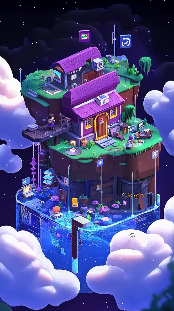 A cartoonish purple house sits on a floating island surrounded by clouds. The house is filled with furniture and belongings, and there is a small figure standing on the porch. Below the house is another floating island with a blue pool of water. The scene is rendered in a whimsical style and suggests a fantasy world.