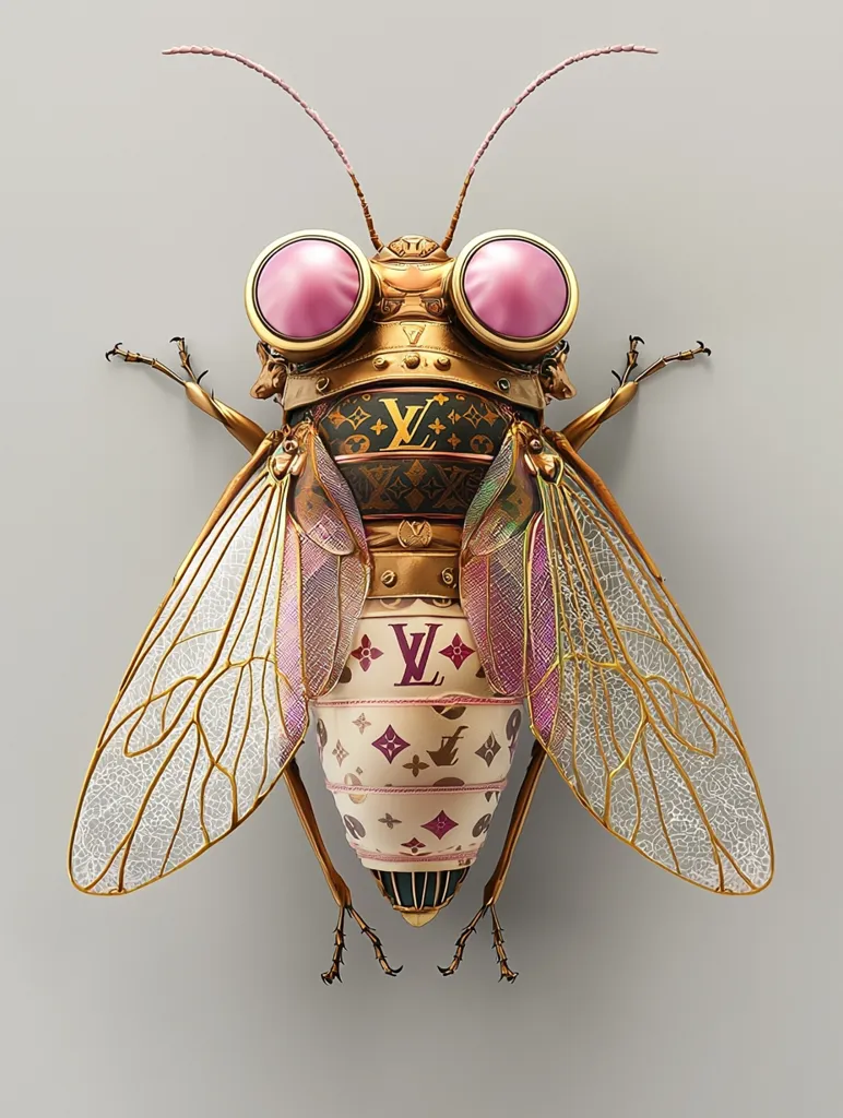 A metallic insect with large pink eyes and gold wings is depicted. The insect's body is covered in a pattern of the Louis Vuitton logo. The insect's wings are intricately detailed and have a delicate, almost translucent quality. The overall effect is one of both beauty and a bit of strangeness.