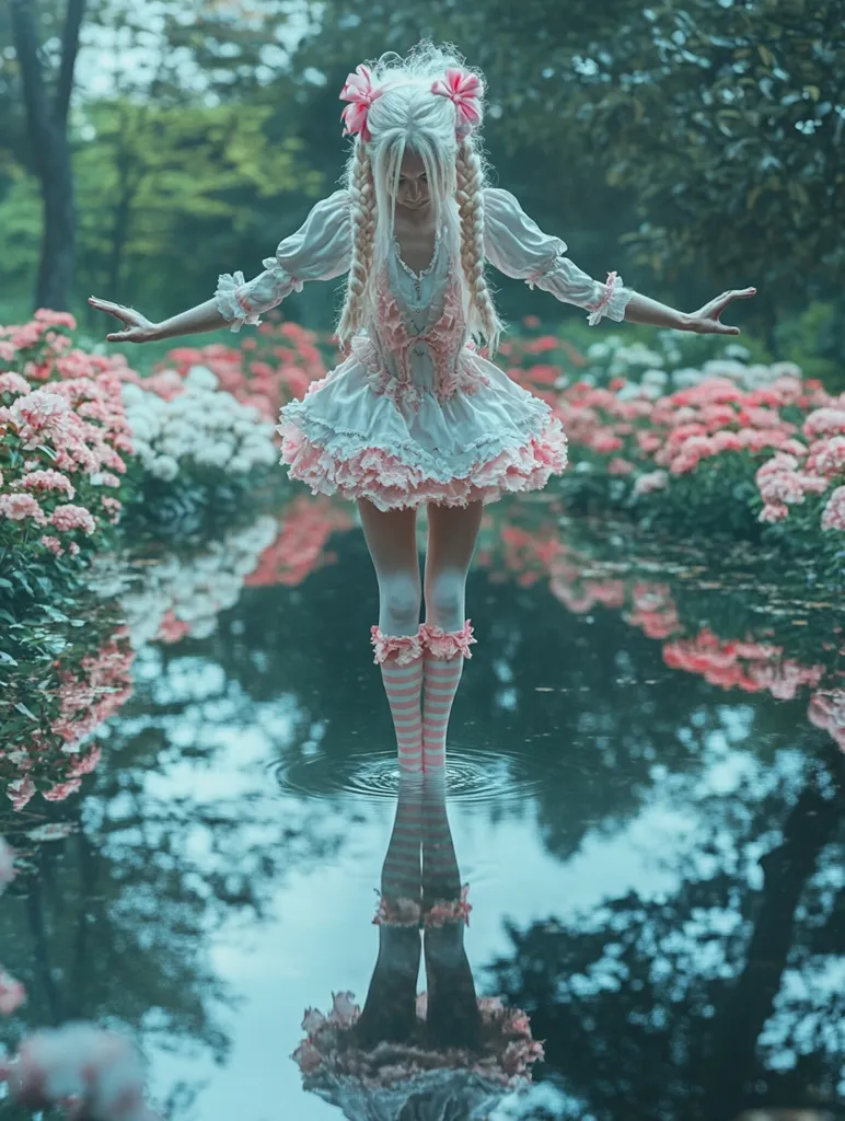 A young woman in a pink and white dress stands in a shallow pond, her reflection perfectly mirrored in the water. She wears pink bows in her blonde braids, and her eyes are cast downwards. She is surrounded by pink and white flowers, creating a soft and dreamy atmosphere. The image evokes a sense of wonder and innocence, with a hint of melancholy.