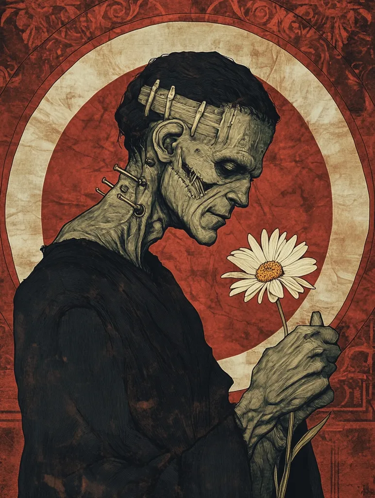 The image depicts a monstrous figure, likely Frankenstein's monster, with a stitched and scarred face and body. He is holding a single white daisy, a symbol of innocence and purity, in his large hand. The background features a circular frame with red and white concentric circles, adding to the dramatic and somewhat ominous feel of the piece.  The contrast between the monster's monstrous appearance and the delicate flower suggests a complex theme of duality and the possibility of redemption. The image evokes a sense of both horror and pathos, making the viewer contemplate the monster's internal struggles and humanity.