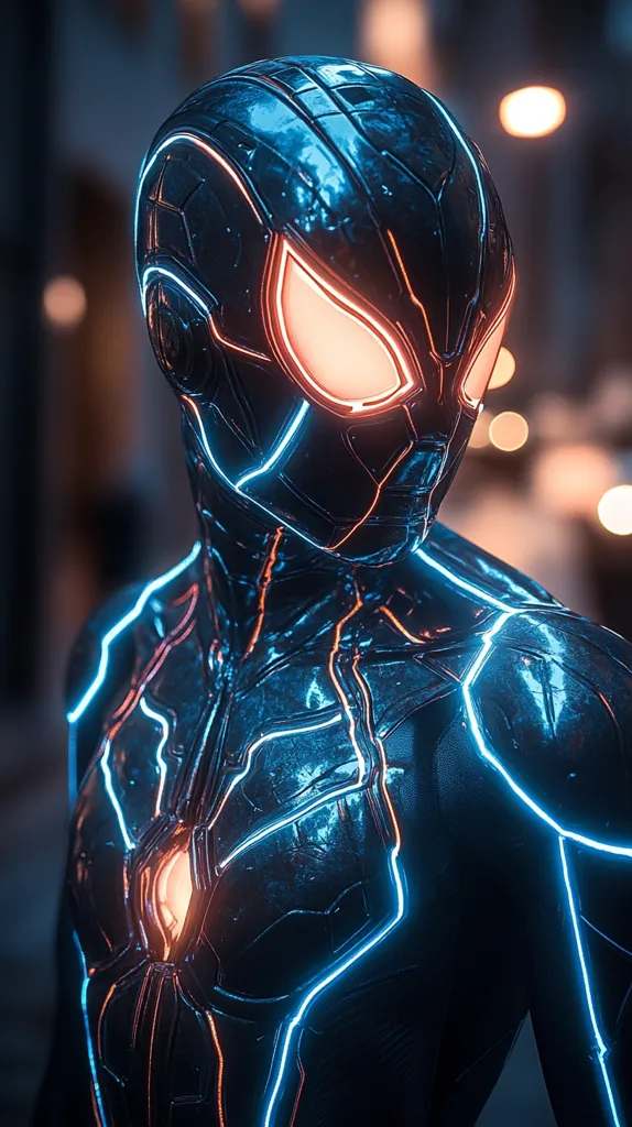 A futuristic, black and blue suit with glowing orange accents. The suit has a mask that covers the wearer's face and is adorned with glowing lines. The suit appears to be made of a shiny, metallic material. The image has a dark, moody atmosphere, creating a sense of mystery and intrigue.  The image could be a superhero or a villain from a sci-fi or fantasy film.