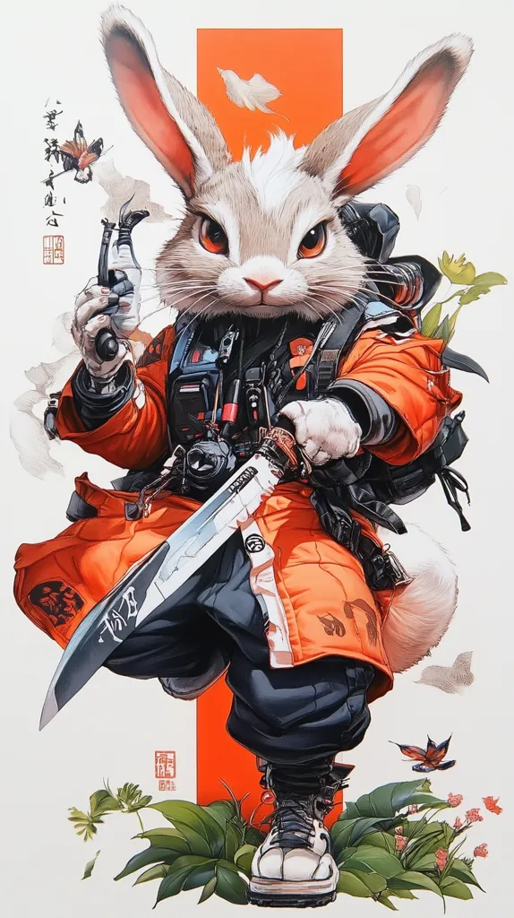 A white rabbit with large ears, wearing an orange jumpsuit and a black backpack, holds a sword and a futuristic gun. They stand in a forest, surrounded by green plants and flowers. The rabbit's expression is serious and focused. The artwork has a distinct anime style, with detailed and expressive features.  The backdrop is a vibrant orange, highlighting the rabbit's bold outfit and adding a pop of color to the scene.  The image's composition and details create a sense of action and adventure.