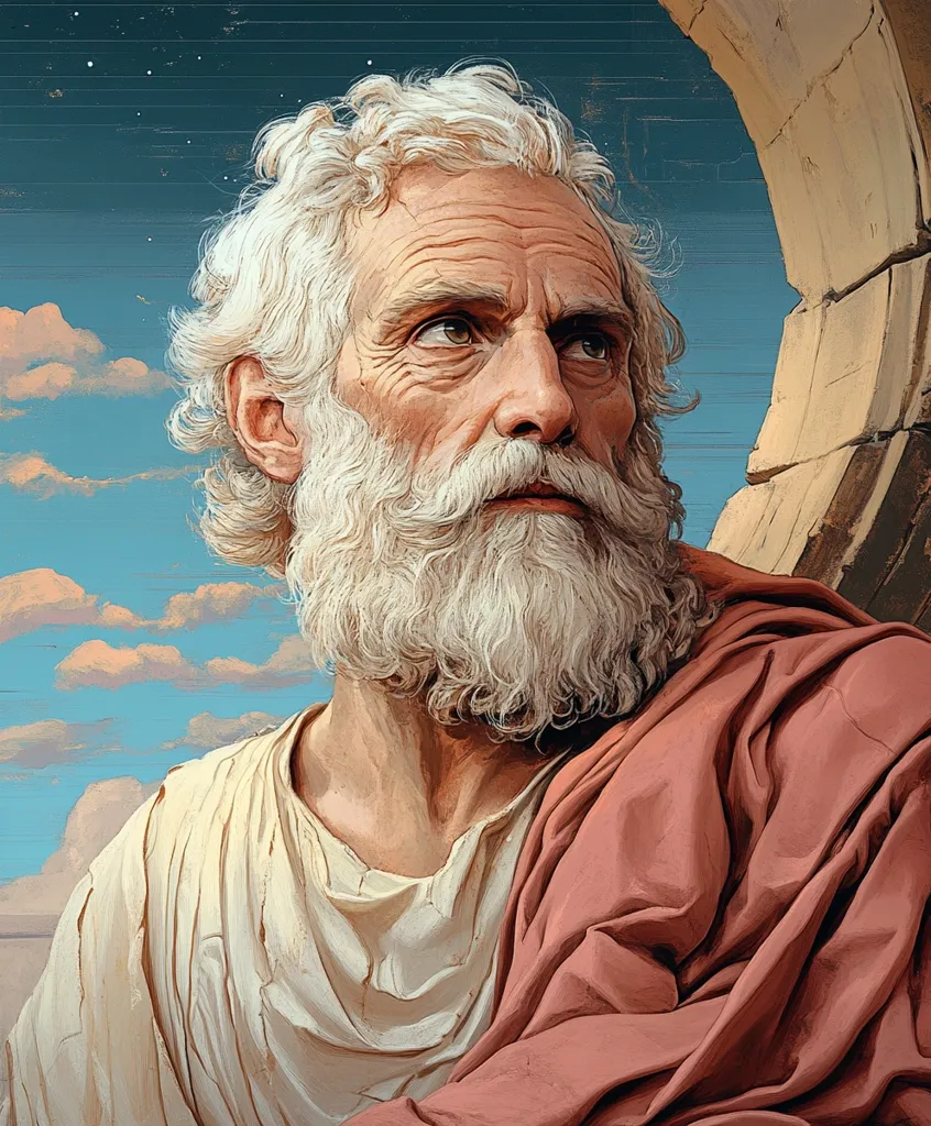 The image depicts an elderly man with long white hair and a thick white beard. He is wearing a white tunic with a red cloak draped over his shoulders. The background features a blue sky with white clouds and a partial view of a stone archway. The man's gaze is directed upwards, suggesting contemplation or prayer. The image is likely a depiction of a biblical or historical figure.