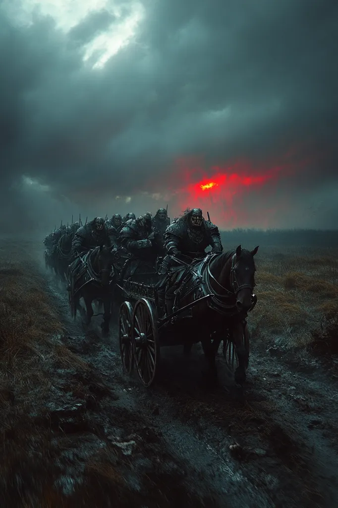 A long line of horse-drawn carriages, carrying ominous figures in black armor, traverses a muddy path under a gloomy sky. The setting sun casts a crimson glow through the clouds. The figures appear menacing, their faces obscured by helmets, adding to the unsettling atmosphere. The scene evokes a sense of impending doom and a dark journey.