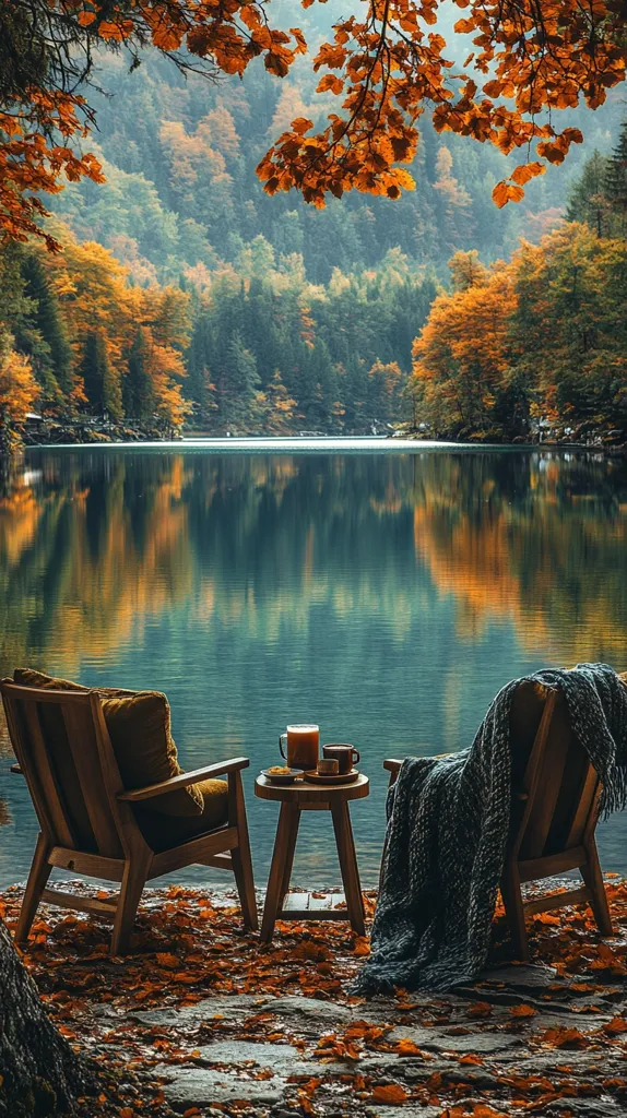 The image depicts a serene autumnal scene. Two chairs, one draped in a cozy blanket, sit by a tranquil lake. A small table with coffee mugs and a plate of pastries provides a comforting touch. Vibrant foliage and a clear reflection on the water create a picturesque backdrop. The scene invites one to imagine a peaceful moment of relaxation amidst the beauty of nature.