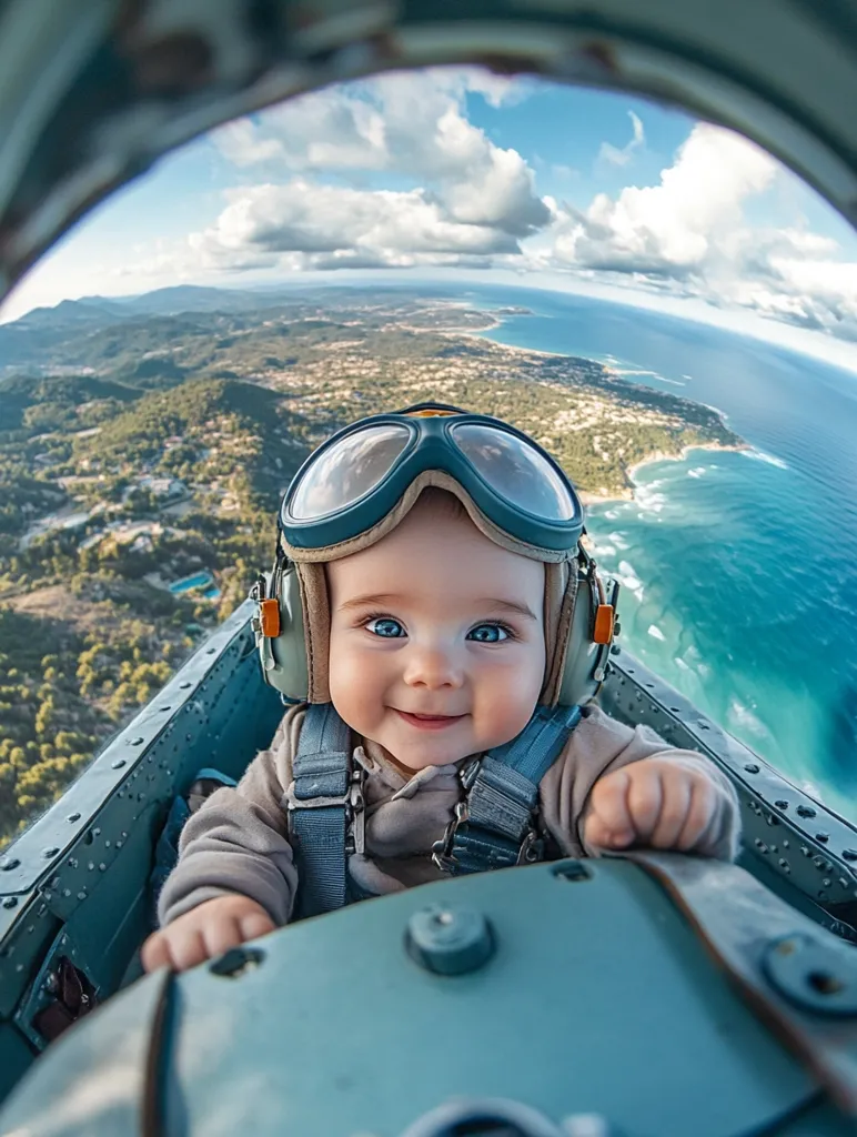 A baby is sitting in the cockpit of an airplane, wearing aviator goggles and a harness. They are smiling, looking ahead with a bright blue sky and a view of the ocean and coastline behind them. The image is taken from a fish-eye lens perspective, creating a distorted and fun view of the scene.