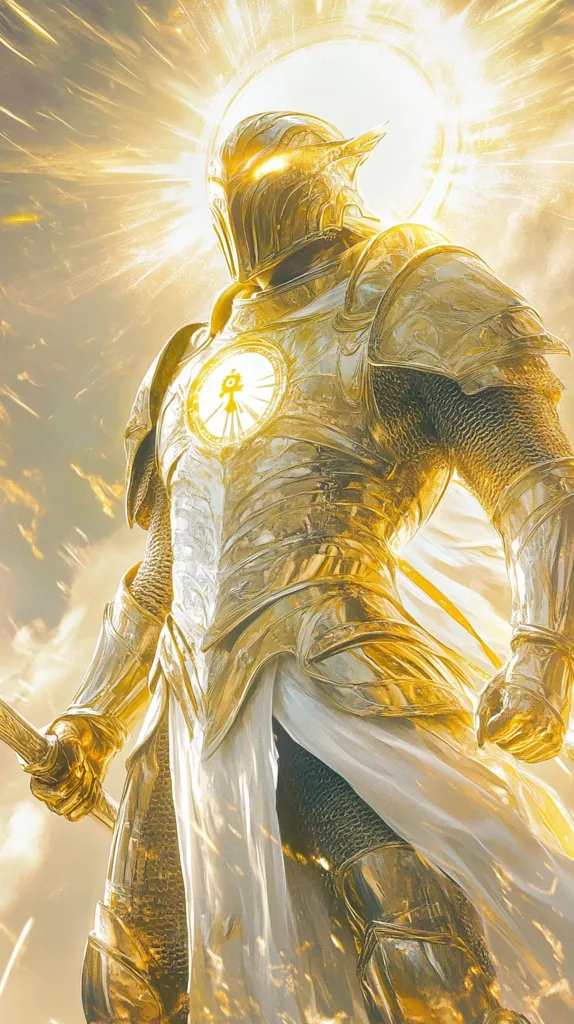 A warrior clad in shining golden armor stands against a backdrop of blinding white light. The warrior's helmet, adorned with intricate detail, reflects the brilliant glow, making it appear almost ethereal. The warrior holds a staff, its tip glowing, while a white cloak flows around their legs. The overall image evokes a sense of power, divinity, and triumph.