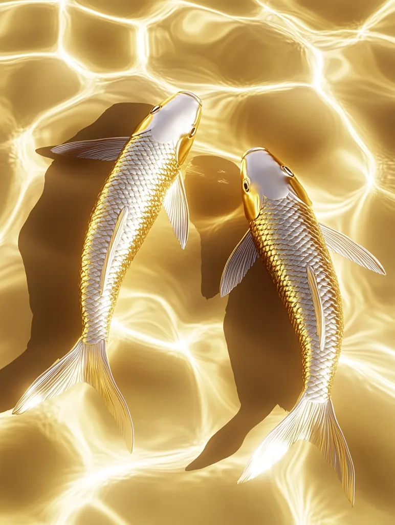 Two golden fish with silver scales swim gracefully through shimmering, golden water. Their fins and tails ripple with the motion of the water, creating a sense of serenity and elegance. The light reflects off their scales, adding to the overall sense of beauty and luxury.  The background is a soft, golden haze that adds to the peaceful ambiance of the image.