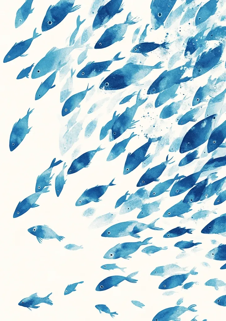 The image depicts a school of blue fish swimming in a white background. The fish are painted in a watercolor style, giving them a soft, ethereal look. They are all facing the same direction, creating a sense of movement and unity. The image is simple yet beautiful, evoking a feeling of serenity and tranquility.
