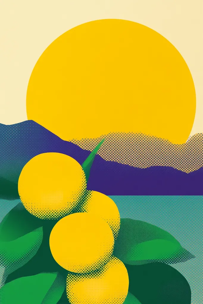 The image is a stylized depiction of a sunset over a landscape with a citrus tree in the foreground. The sun is a large yellow circle, partially obscured by purple mountains, and a turquoise body of water. The citrus tree has three large yellow fruits and green leaves. The image uses a halftone pattern for texture.