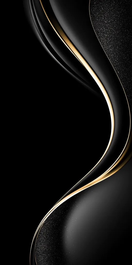 A black and gold abstract image with a thin golden line curving through a black, slightly textured surface. The line appears to be a thin, golden ribbon winding around a black surface, creating a visually striking contrast. The image is minimal and elegant, with a focus on the interplay of light and shadow.