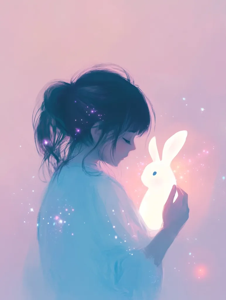 The image depicts a young woman with long dark hair, wearing a light blue dress, standing against a pink and purple background with a soft glow. She is holding a white rabbit in her right hand. The rabbit is glowing with a soft light. The background is filled with small, sparkling dots that add to the dreamy and ethereal feel of the image. The overall impression is one of gentleness, innocence, and magic.