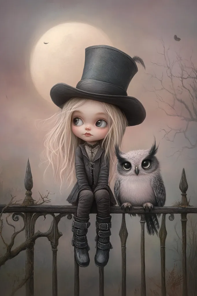 A young girl with large eyes and a top hat sits on a wrought iron fence with a white owl perched beside her. The girl wears a black coat and boots, and her blonde hair flows around her shoulders. She looks wistfully at something in the distance, perhaps the large, full moon in the sky. A sense of longing and quiet contemplation pervades the image.