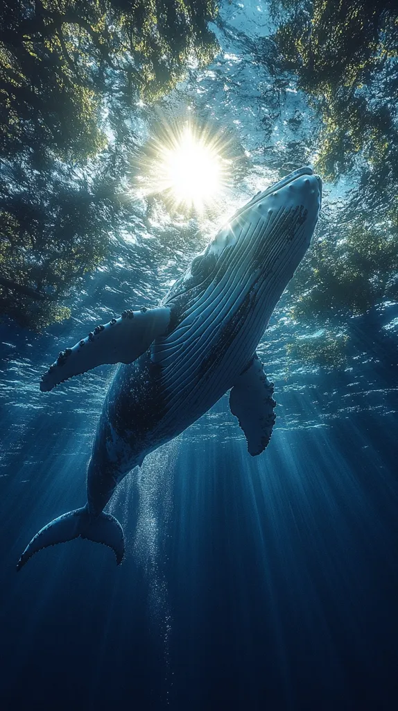 A humpback whale swims upwards in a deep blue ocean, illuminated by sunlight streaming through the surface. The whale's sleek, dark body contrasts with the bright rays, creating a dramatic scene. The water is clear and calm, allowing for a clear view of the whale's graceful movements. The image evokes a sense of tranquility and wonder.
