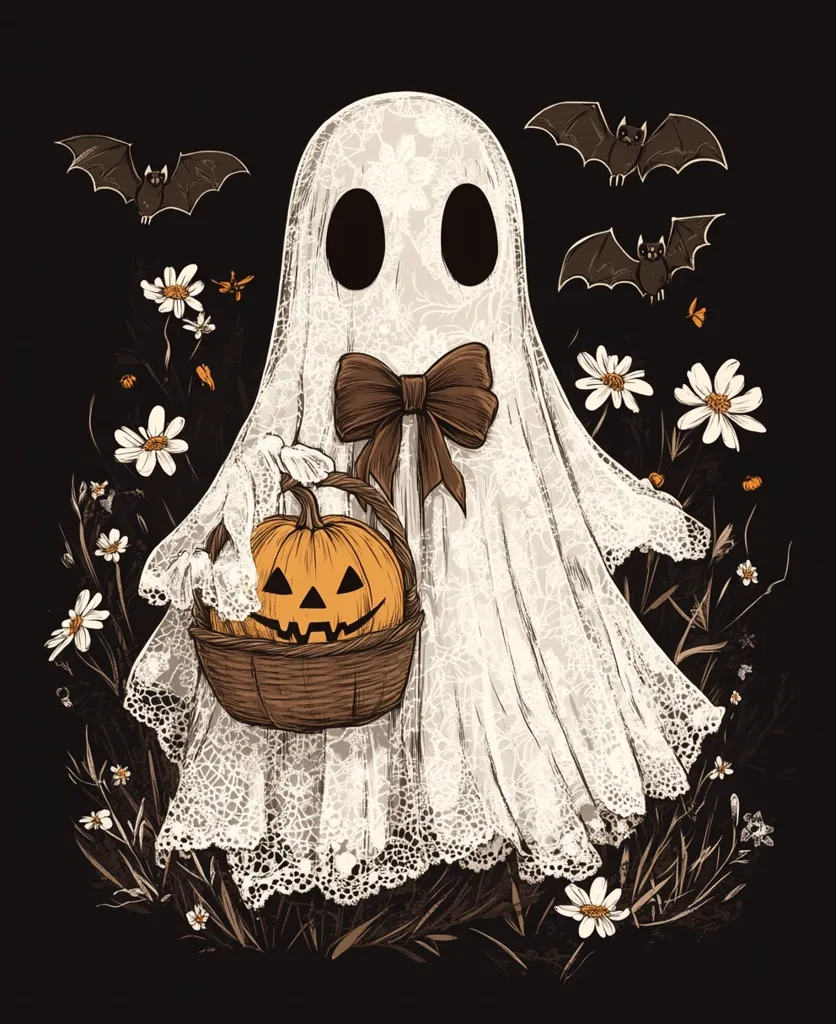 A friendly ghost with a large brown bow is dressed in a lacy white gown, holding a basket with a carved pumpkin.  It is surrounded by a field of daisies, with bats flying overhead. The image is drawn in a vintage style with a dark background, suggesting a spooky Halloween atmosphere.