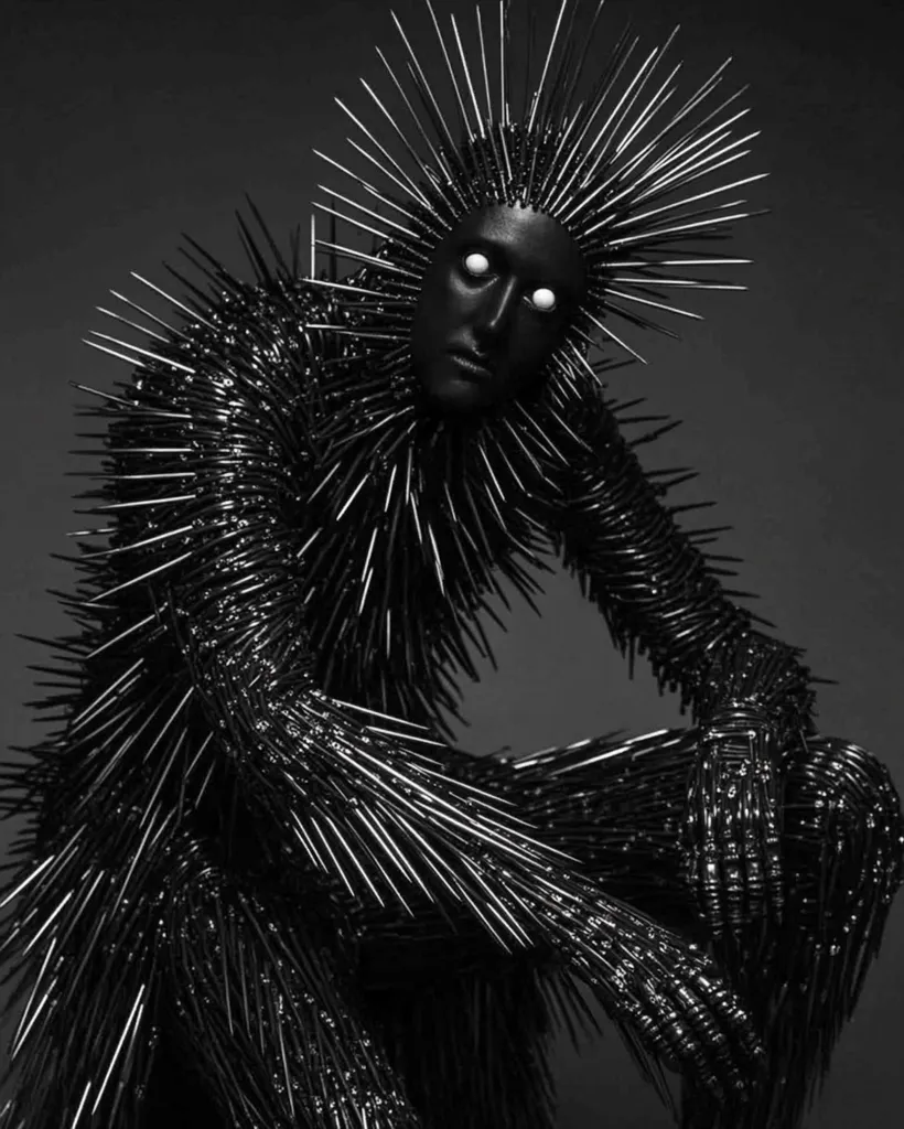 A figure clad in a spiky black suit sits against a dark backdrop. Their face is obscured by the suit, but two white eyes are visible, giving a sinister and alien feel. The suit is made of countless sharp pins, forming a menacing and unsettling silhouette.  The sharp points of the pins point in various directions, creating a chaotic and threatening aura. The image evokes a sense of darkness and danger.