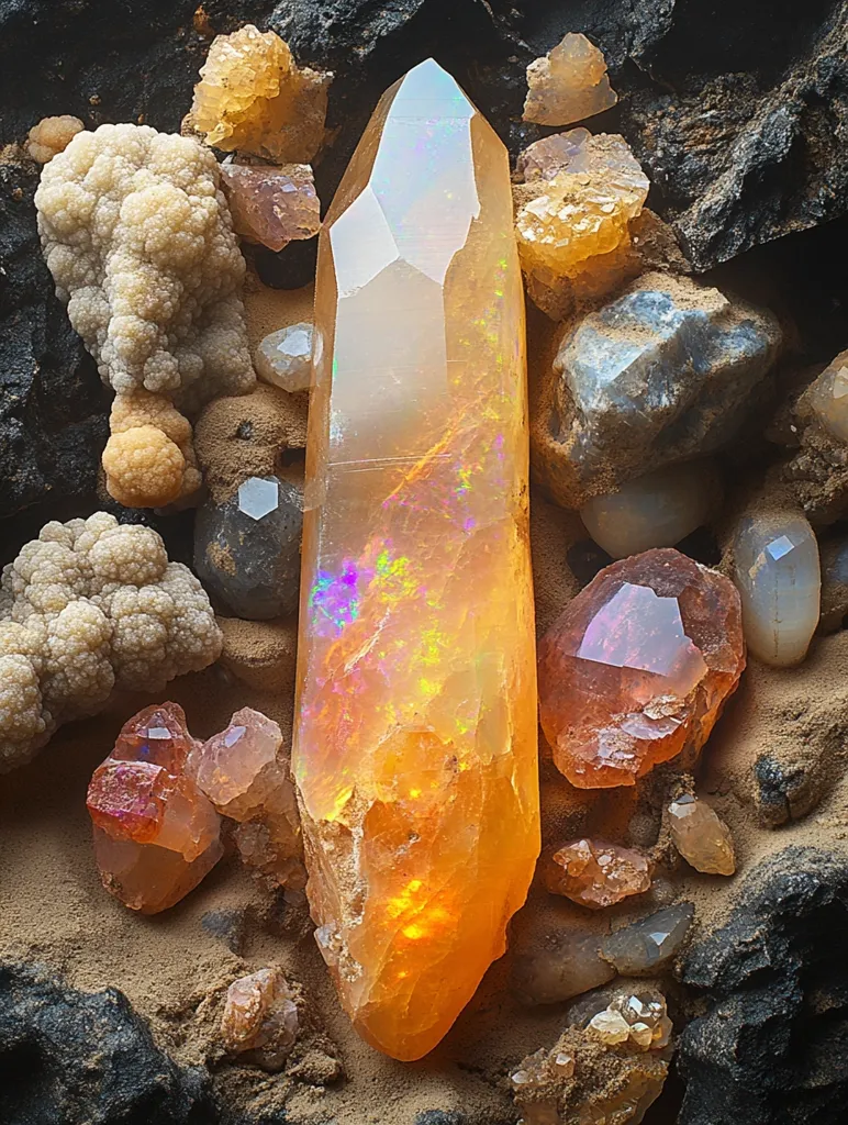 A large, golden, iridescent crystal lies in the center of the image, surrounded by smaller crystals of various colors and shapes. The larger crystal has a faceted, pointed tip, and it seems to be illuminated from within. The surrounding crystals are a mix of white, pink, and brown, adding to the overall sense of beauty and wonder. The crystals are nestled in a bed of sand, which helps to highlight their beauty and contrast. The image captures the beauty of natural crystals and their unique shapes and colors.