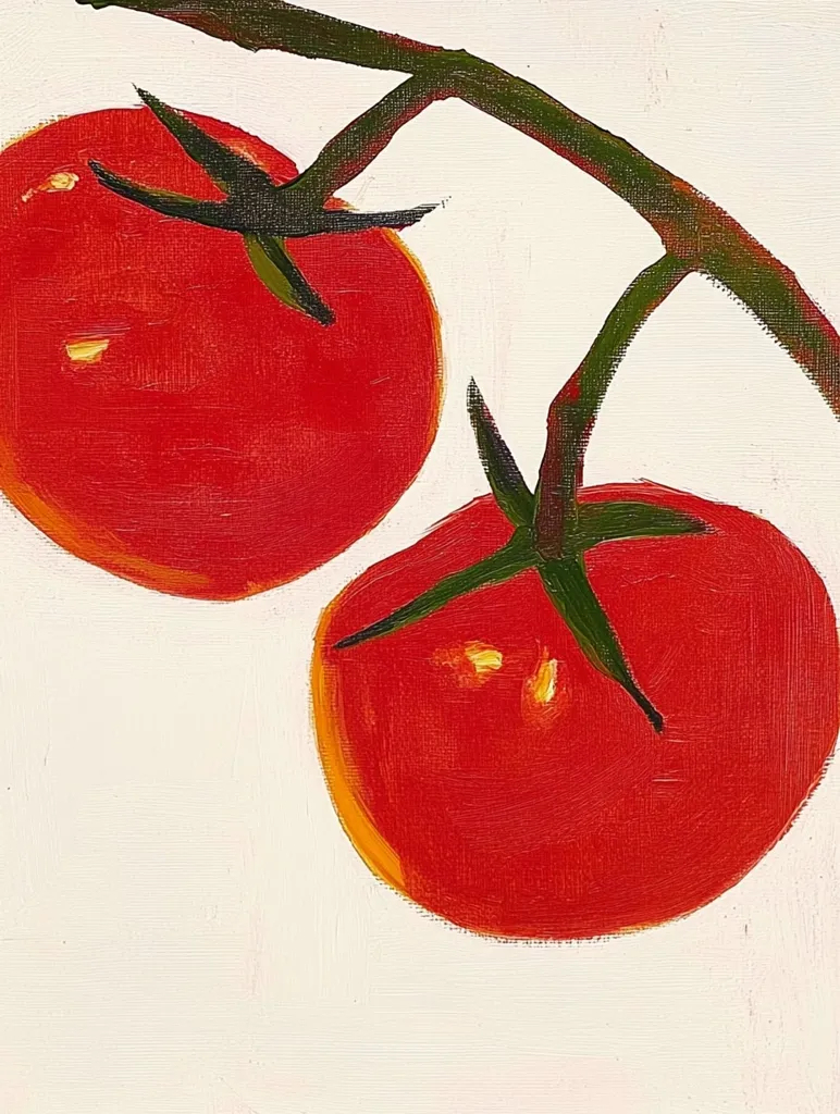 The painting depicts two ripe tomatoes on a vine, against a white background. The tomatoes are painted in a vibrant red, with subtle highlights of yellow. The vine is a dark green, contrasting with the bright red of the tomatoes. The artist uses thick brushstrokes, adding texture and depth to the painting. The simplicity of the composition and the bold colors create a striking and minimalist image.