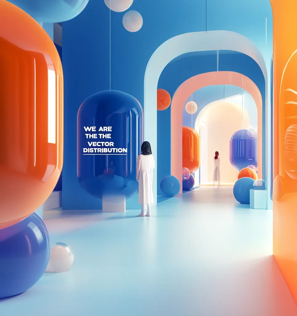A woman in a white dress stands in a blue and orange room with arched doorways. The room is filled with large, colorful, sphere-shaped objects. The walls are a gradient of blue and orange, creating a vibrant and surreal atmosphere. The text on a large blue sphere reads "We are the vector distribution."  The room is empty and creates an illusion of depth, suggesting a journey or path to be taken.