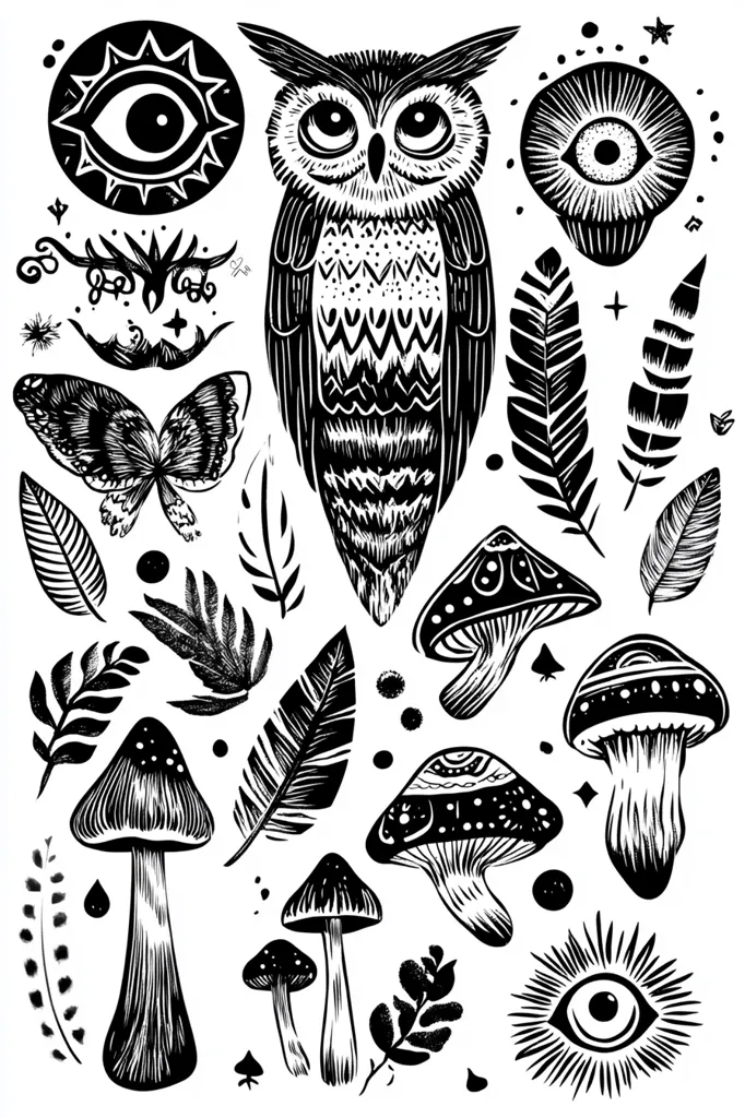 The image is a black and white illustration of a variety of whimsical elements, including an owl, mushrooms, feathers, leaves, and stylized eyes. The owl is the central figure, with its large eyes and intricate pattern. The mushrooms are depicted in various shapes and sizes, some with dots and patterns. The feathers and leaves are stylized and flow around the other elements. The eyes are all-seeing and add a mysterious and magical quality to the image. The overall style of the illustration is reminiscent of folklore and nature.