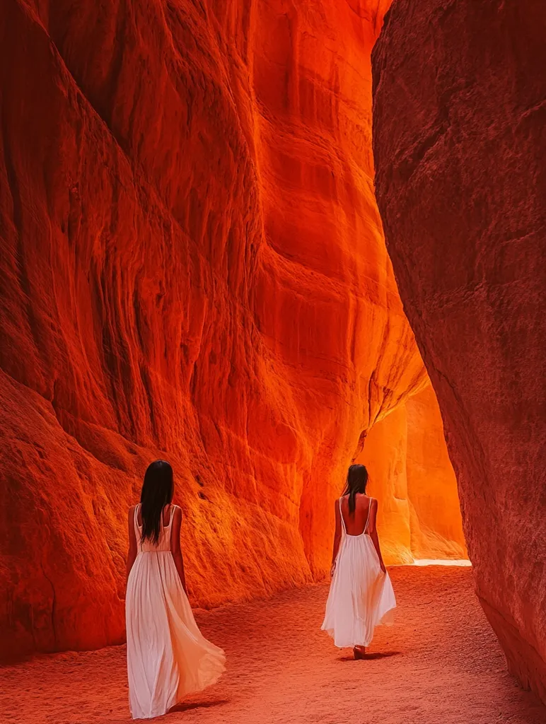 Two women in white dresses walk through a narrow canyon with bright orange sandstone walls. The walls of the canyon are illuminated by the sun, casting long shadows and creating a dramatic effect. The women's white dresses contrast with the orange rock, making them stand out. The image is filled with a sense of mystery and awe.