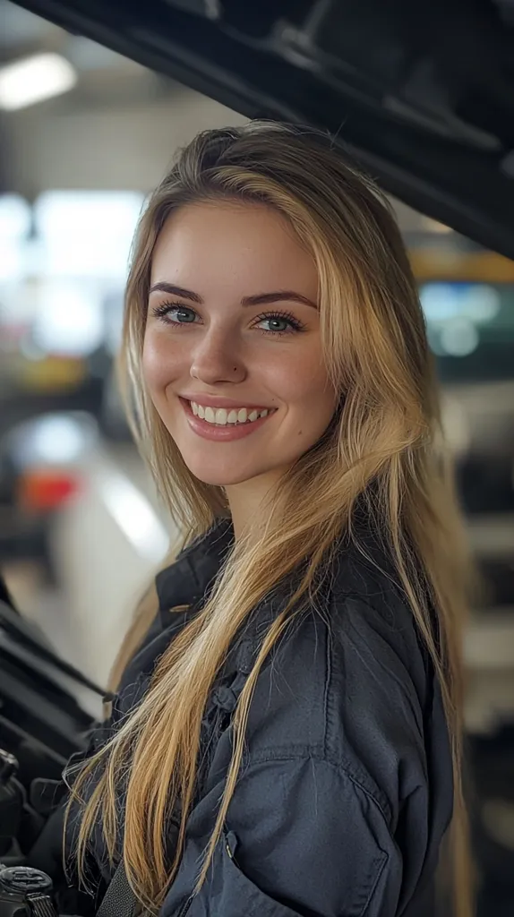 A young woman with long blonde hair is smiling brightly at the camera.  She is wearing a dark blue jacket and has a nose piercing. She is positioned in front of a car's open hood, suggesting a possible auto-related context. The background is blurred, with a glimpse of a garage or workshop. Her face shows a friendly and confident expression.