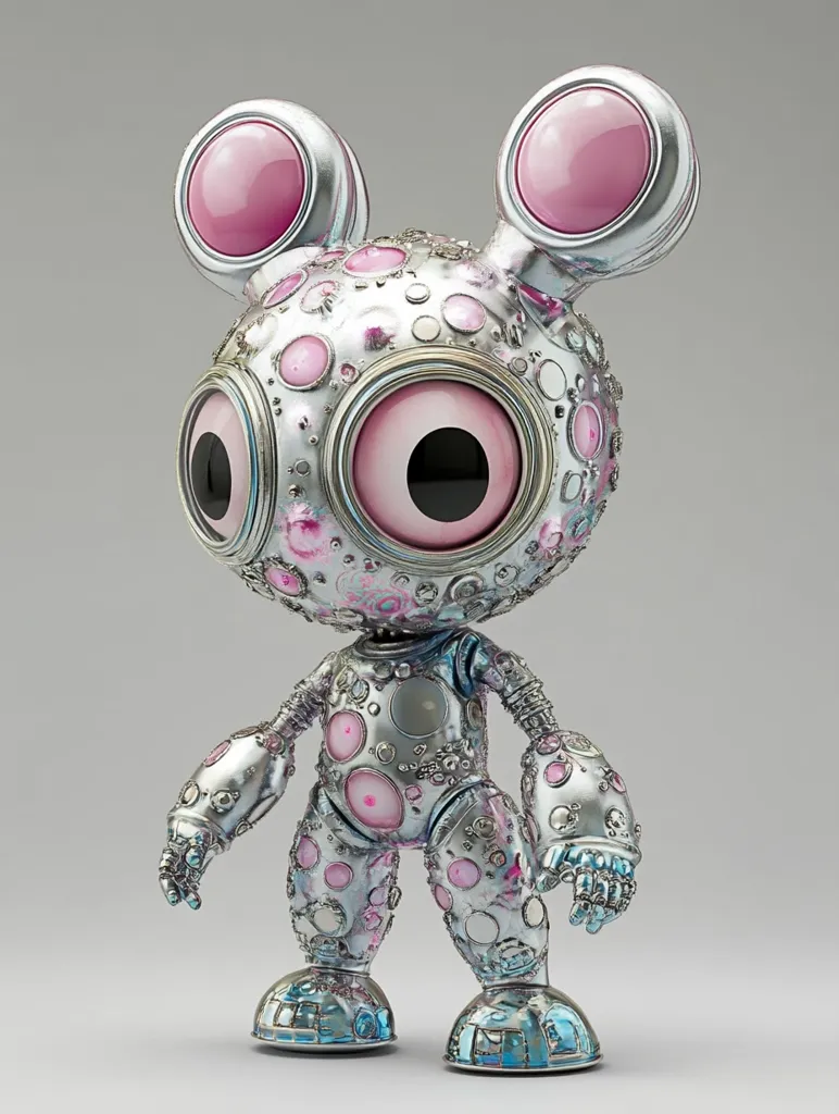 A whimsical robot stands with its feet apart, its head tilted slightly. It is made of silver and has large pink eyes with black pupils, pink ears with a silver lining, and a body covered in pink and silver polka dots. The robot's arms are bent at the elbows, and its hands are open. It has a friendly, almost cartoonish, appearance.  The background is a soft gray.  The robot's design is creative and whimsical.