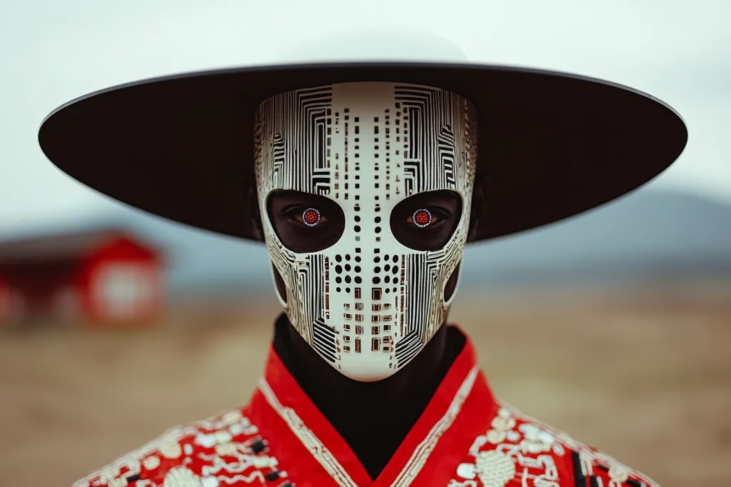 The image shows a person wearing a wide-brimmed hat and a white mask with red eyes. The mask has a geometric design resembling circuitry. The person is wearing a red and white jacket. They are looking directly at the camera with a mysterious expression. The background is out of focus, creating a sense of depth. The image has a futuristic and eerie feel.