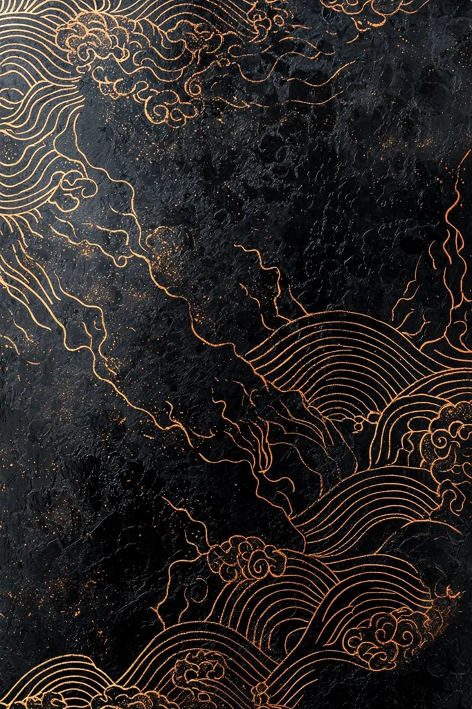 The image depicts a dark, textured background with a pattern of golden waves and clouds. The waves are stylized, with curved lines and intricate details. The clouds are also stylized, with swirling shapes and a delicate outline. The contrast between the dark background and the golden pattern creates a visually striking effect. The image evokes a sense of traditional Japanese art and design, with its use of bold lines and geometric shapes. The overall impression is one of elegance and sophistication.
