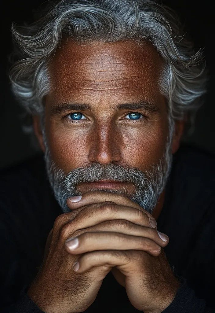 A man with salt and pepper hair and a thick beard stares intensely at the camera. His piercing blue eyes and furrowed brow convey a sense of deep thought or concern. His hands are clasped together in front of his face, further emphasizing the seriousness of the moment. The image is a close-up, capturing the intricate details of his face and hands, and leaving the viewer to ponder his thoughts.