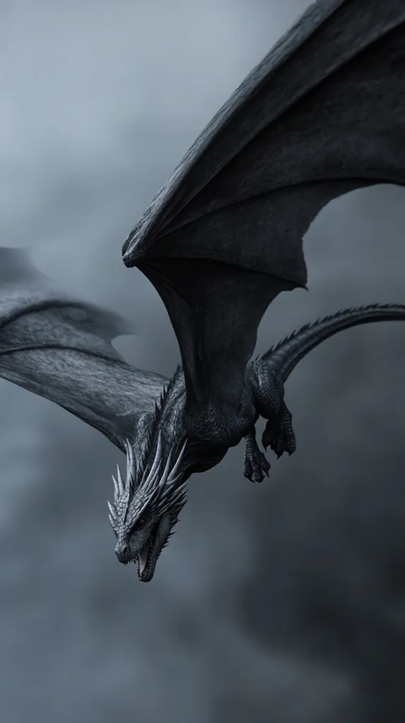 A black dragon with sharp claws and teeth flies through a cloudy sky. Its wings are spread wide and its tail is long and powerful. The dragon's head is tilted down, as if it is looking at something below. The image is dark and moody, with a sense of power and danger.