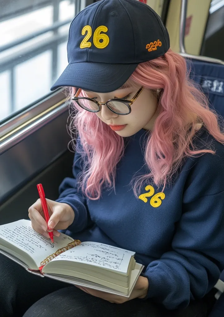 A young woman with long pink hair is seated on a train or bus, wearing a blue sweatshirt and a blue baseball cap with the number 26 embroidered in yellow. She's writing in a notebook with a red pen, focusing intently on her task. The sunlight is filtering through the window, casting a soft glow on her face.  Her expression is focused and serene, suggesting she's deeply engaged in her writing.