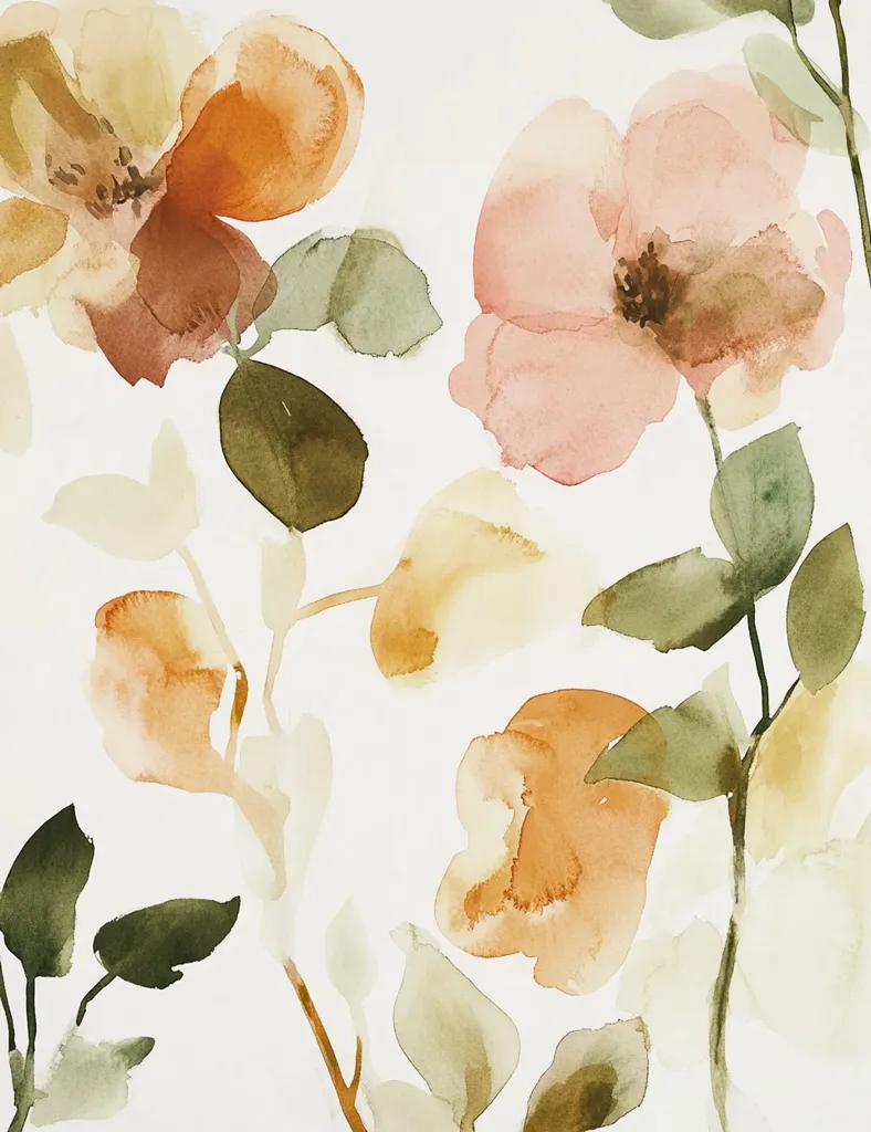 The image is a watercolor painting of a floral arrangement. The flowers are in shades of peach, pink, and orange, with green leaves. The flowers are depicted in a loose, flowing style, with soft edges and delicate details. The background is a white, which creates a sense of airiness and lightness. The overall effect is serene and calming.
