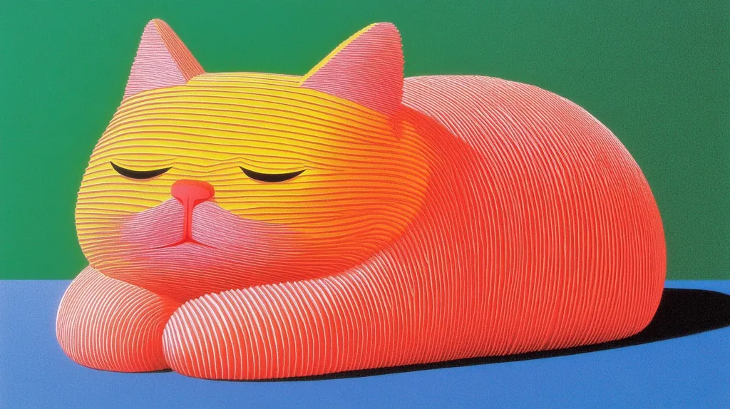 The image is of a stylized, cartoon-like cat sleeping. It is a close-up shot, with the cat's head and body filling the frame. The cat is made up of a series of curved, horizontal lines that give it a textured appearance. It is a bright pink and yellow, and is lying on a blue surface against a green background. The cat's eyes are closed, and its mouth is slightly open, as if it is dreaming. The image is whimsical and playful, and it is likely a piece of modern art.
