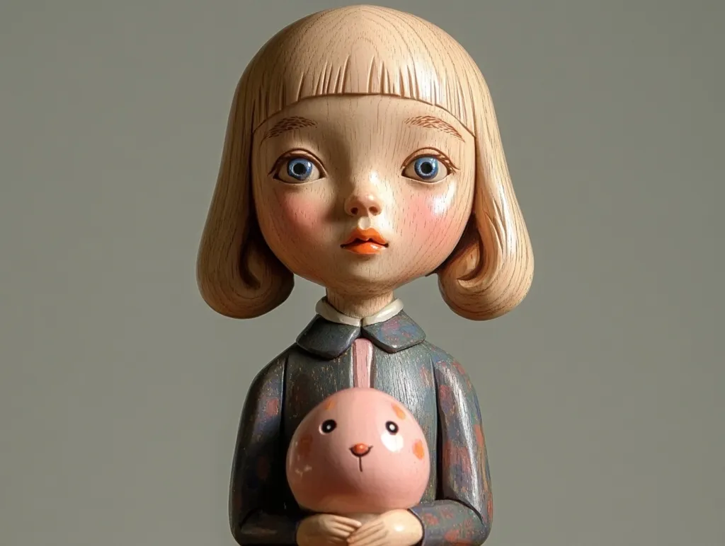 A wooden doll with blonde hair, blue eyes, and rosy cheeks is holding a pink toy with black eyes and a yellow beak. The doll is wearing a blue and gray dress with a pink collar. The background is a light grey. The doll's expression is neutral, with a slight hint of sadness in her eyes.