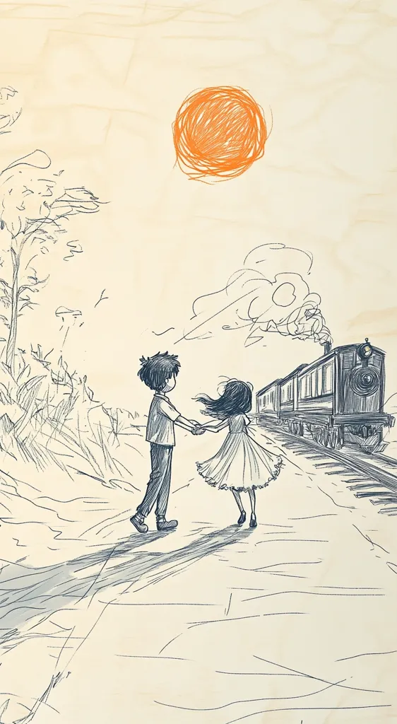 A hand-drawn sketch of two figures, a boy and a girl, standing on a train track, holding hands and watching a train leave in the distance. The sun is a large orange circle in the top center of the image. The artwork is drawn in simple lines with a light beige background. The train is in the background, leaving behind smoke and steam. The boy and girl are facing the train.  The image has a nostalgic and wistful feel.