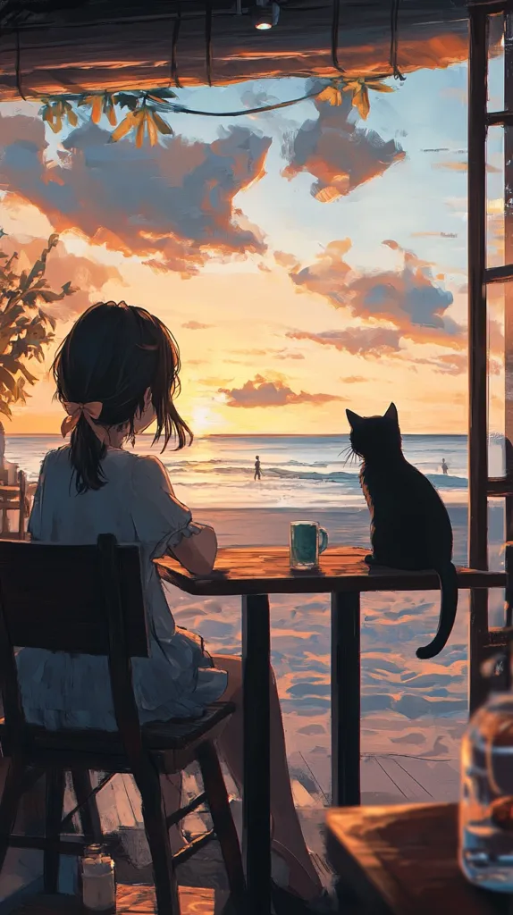 A young woman with long black hair sits at a wooden table, gazing out at the ocean. The setting sun bathes the scene in warm, golden light. A black cat sits beside her, also looking out at the water. The beach stretches out before them, with a few figures walking in the distance. The scene is calm and peaceful, evoking a sense of tranquility and solitude.