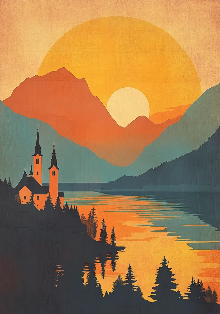 The image depicts a serene landscape with a church perched on a hill overlooking a calm lake. The setting sun bathes the scene in warm, orange hues, reflecting on the water's surface. Silhouetted mountains rise in the distance, their peaks disappearing into the sunset. The overall mood is tranquil and peaceful, inviting the viewer to escape into nature's embrace.